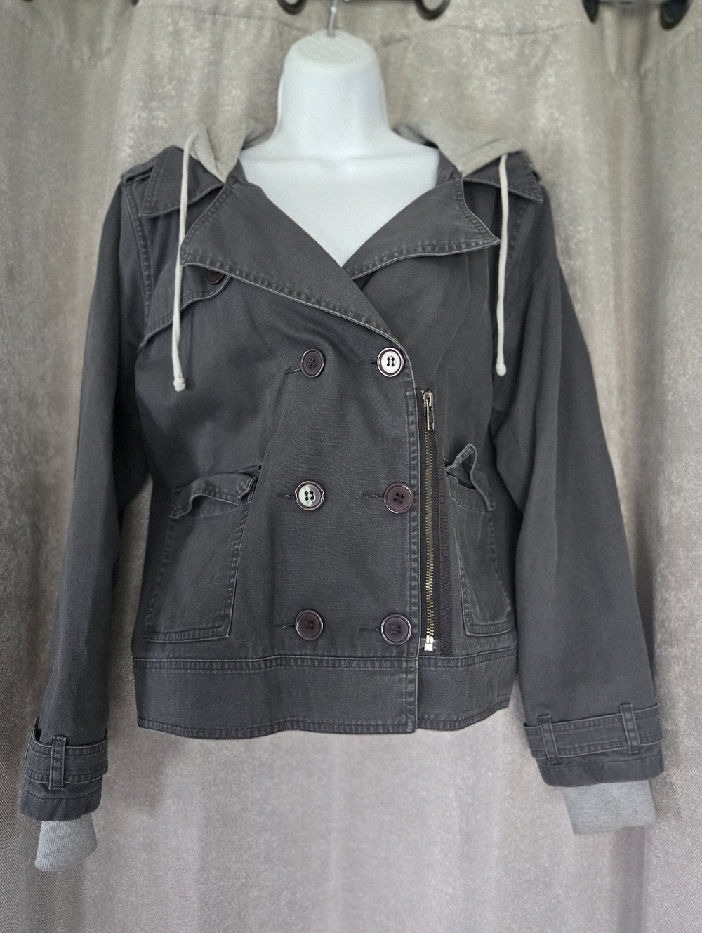 ⭐️Hurley Charcoal Gray Hooded Double-Breasted Utility Jacket⭐️